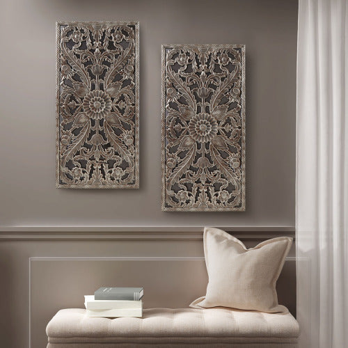 Distressed Carved Wood 2-Piece Wall Decor Set